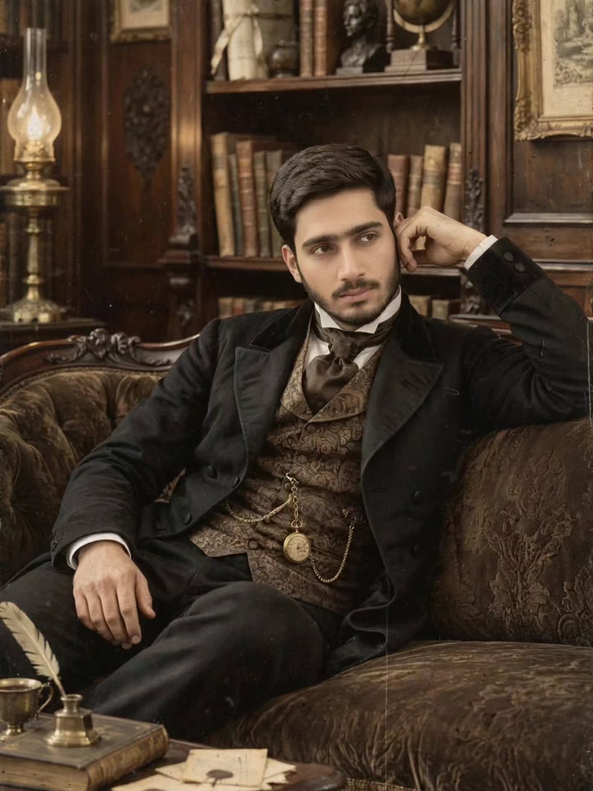 Man in 19th century attire wearing a black jacket and brown patterned waistcoat.