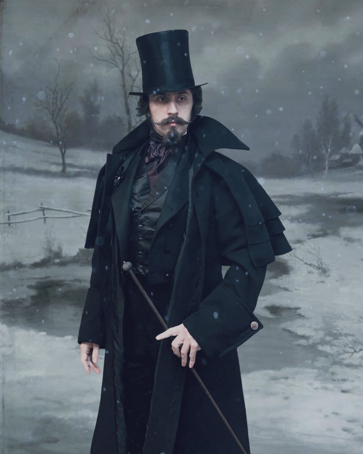 Man in 1880s attire with top hat and black overcoat in a snowy landscape.