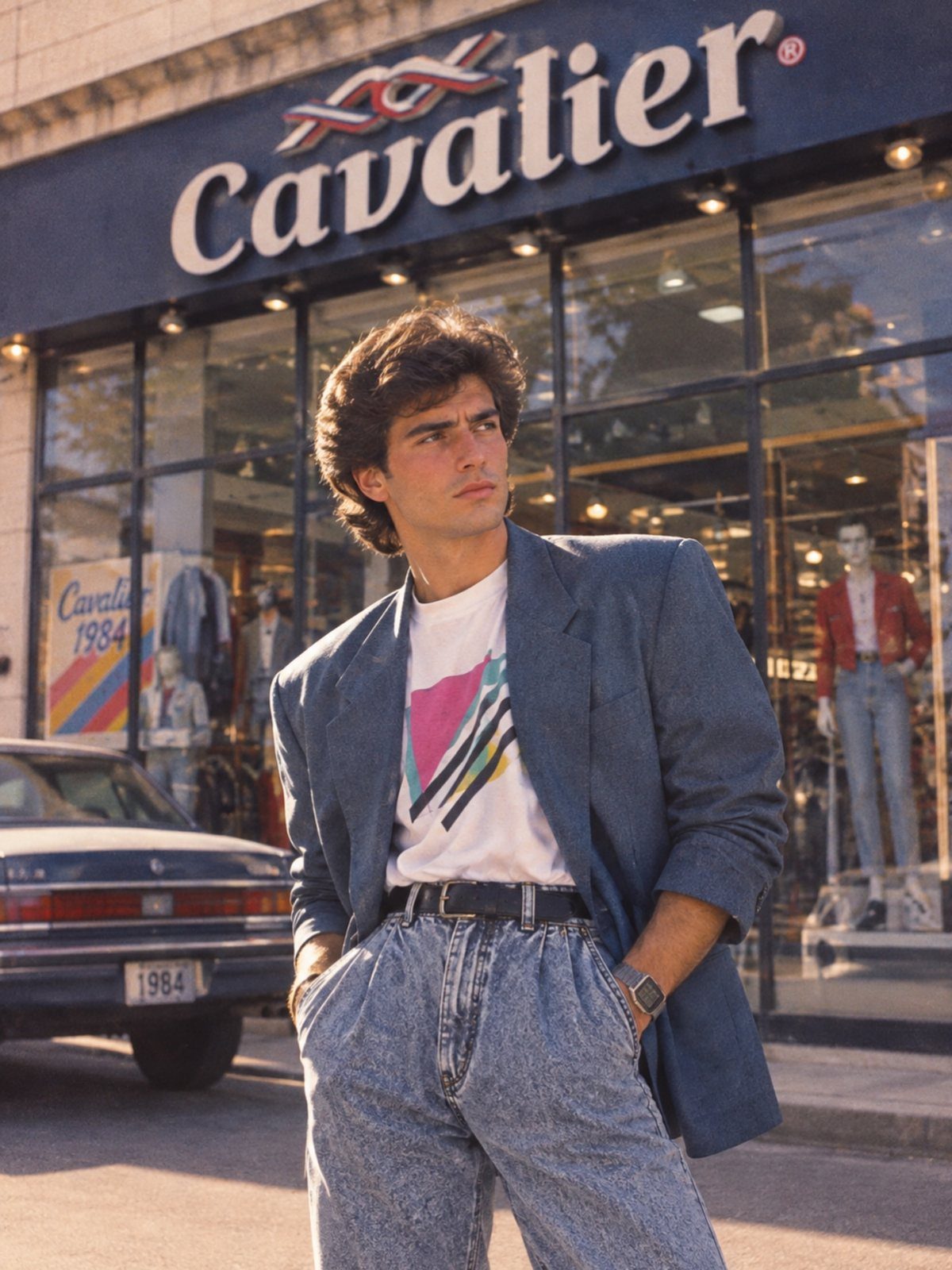 Man wearing an oversized blue blazer and acid-wash denim jeans outside a store.
