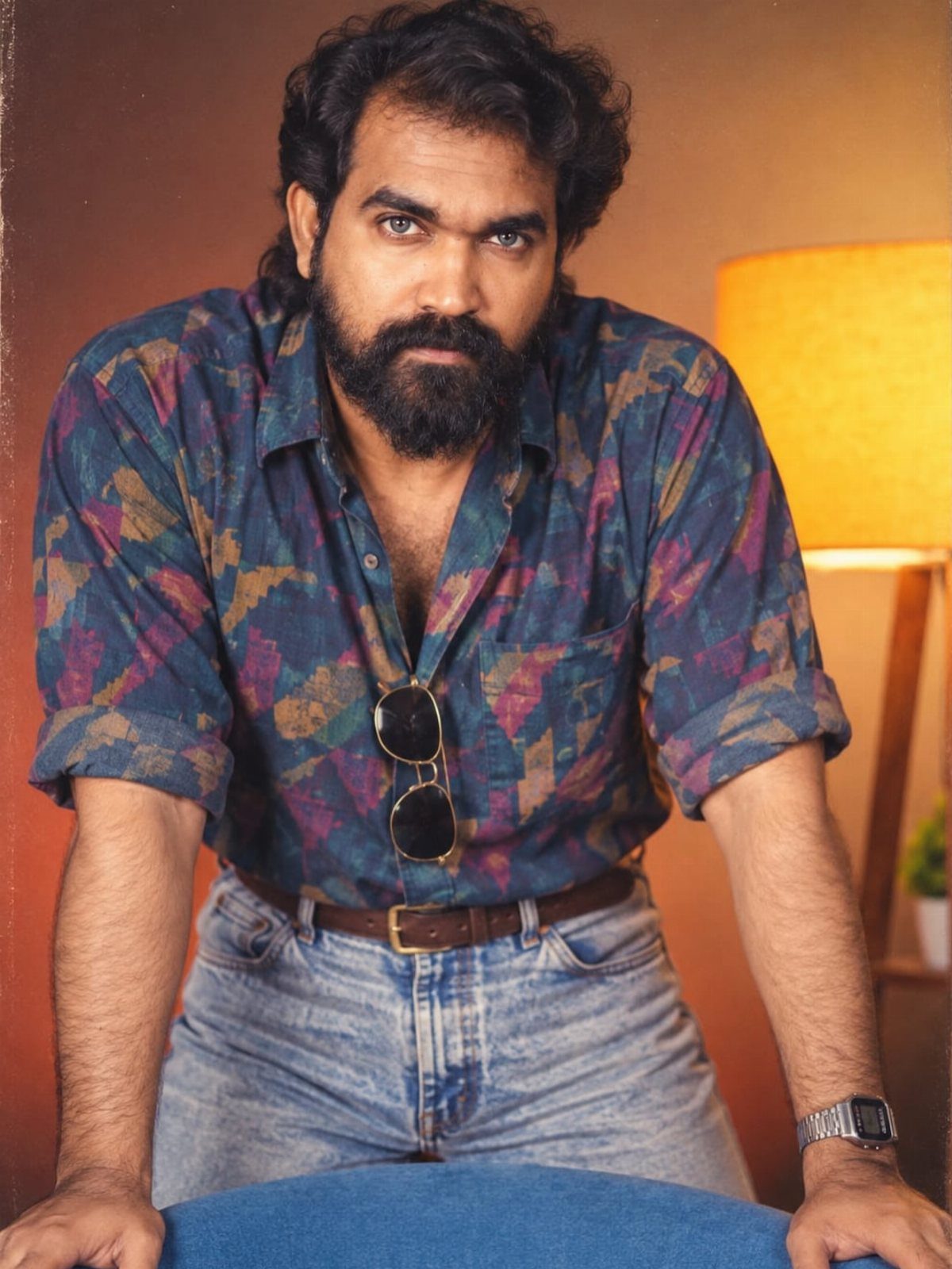 Man with beard wearing a colorful patterned shirt and high-waisted blue jeans.