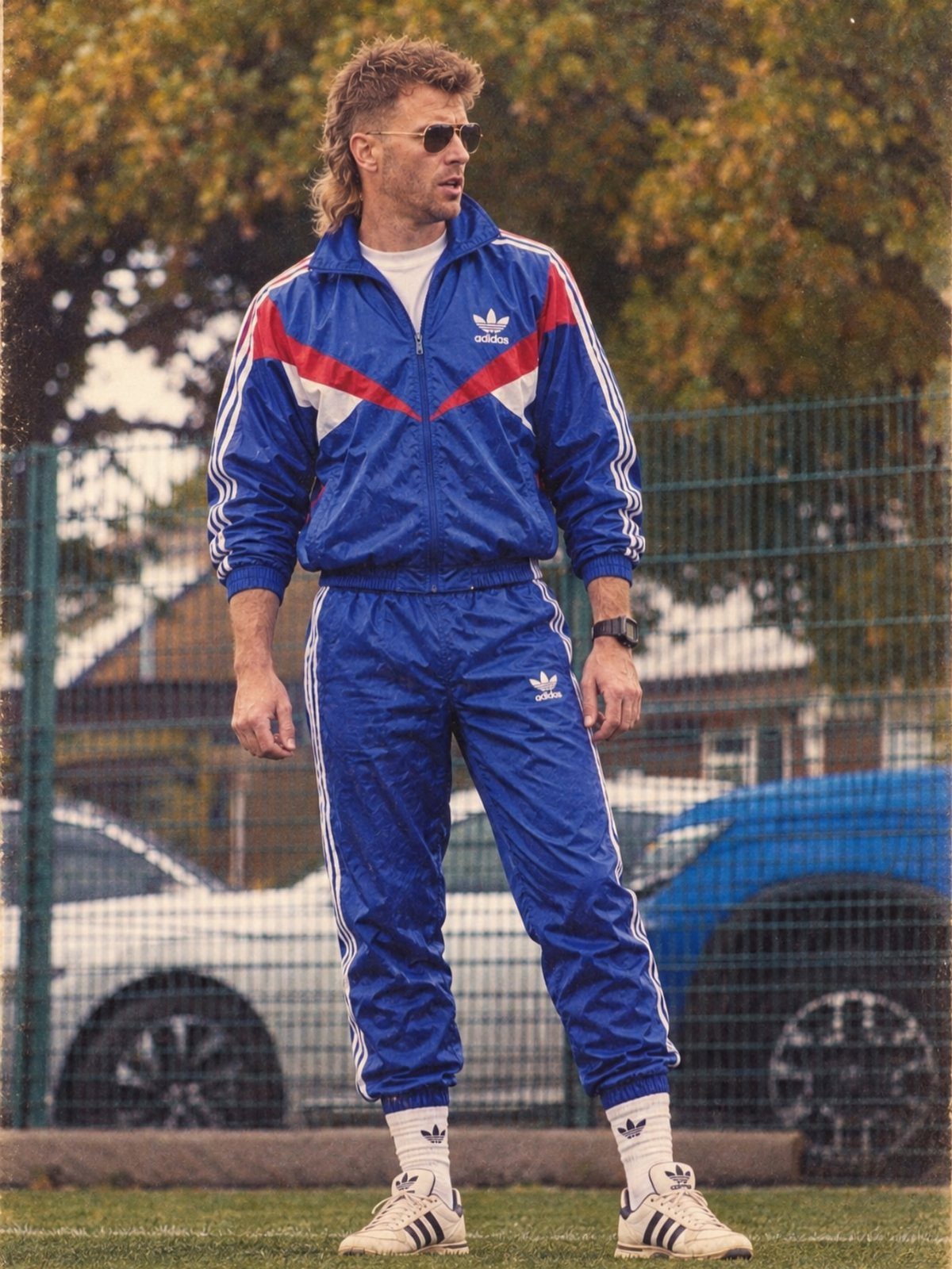 Man wearing a blue vintage Adidas tracksuit with white sneakers and sunglasses.