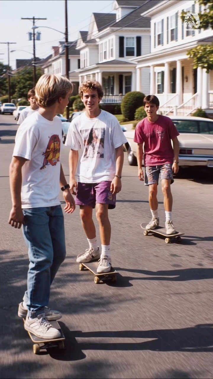 Three young men on skateboards wearing 1980s style t-shirts and sneakers on a street.