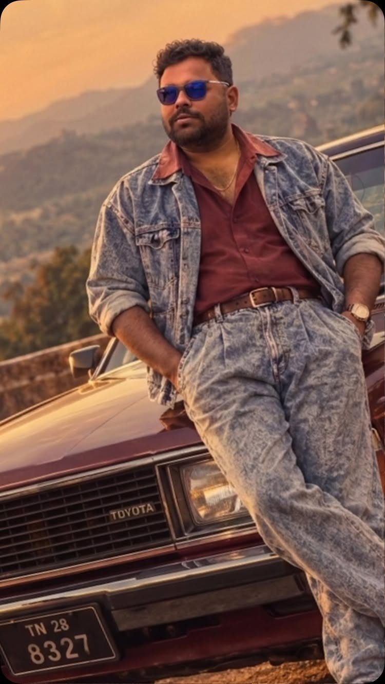 Man in acid-wash denim jacket and jeans leaning on a vintage red car.