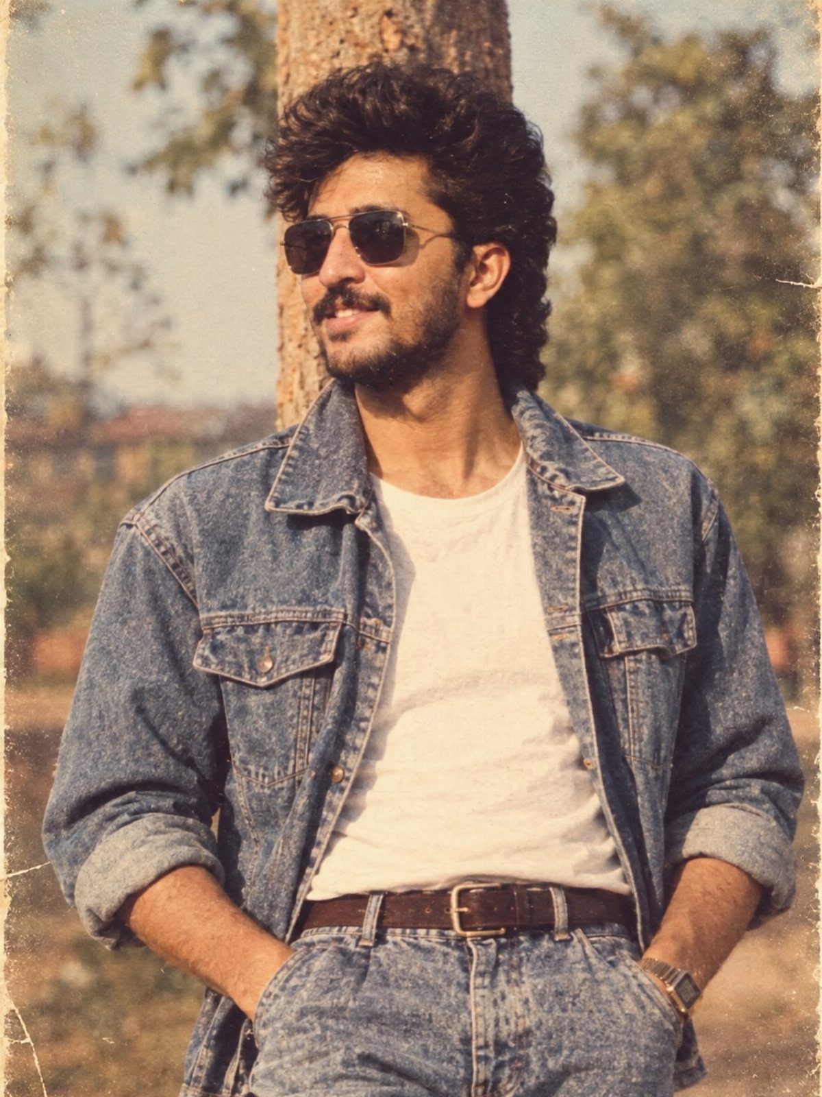 Man with a mullet wearing a denim jacket and sunglasses leaning against a tree.