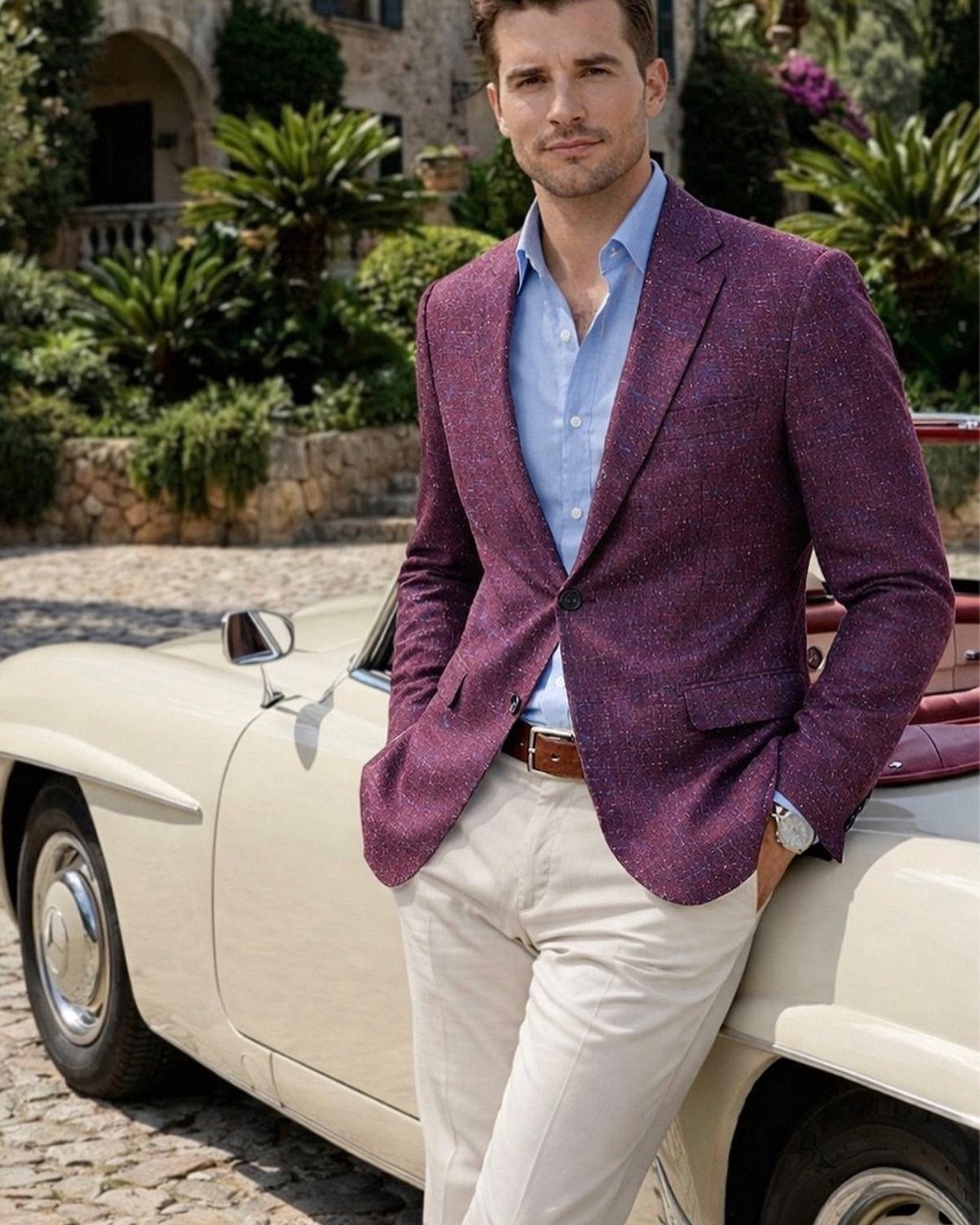 Man in purple cotton blazer and white trousers leaning on vintage cream car.