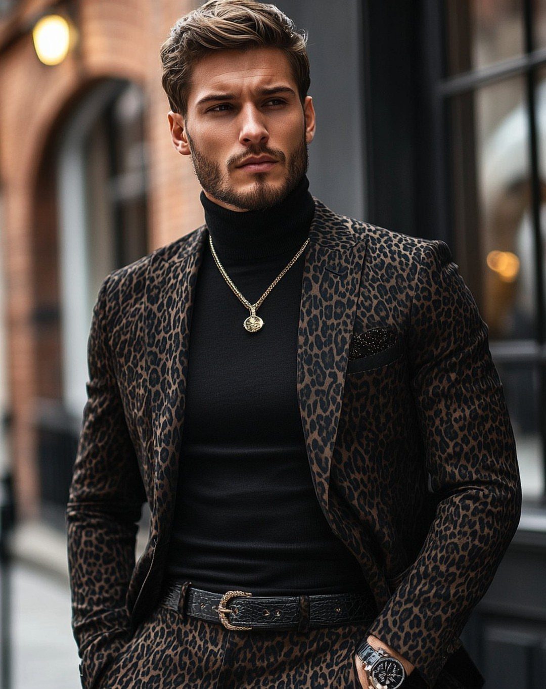 Man in a leopard print suit and black turtleneck standing in a city street.