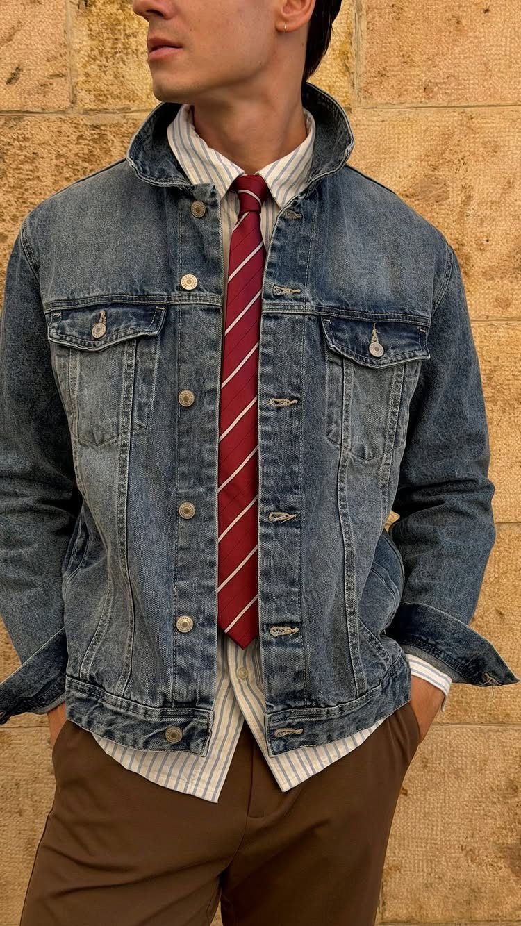 Man wearing a blue denim jacket, striped shirt, red tie, and brown trousers.