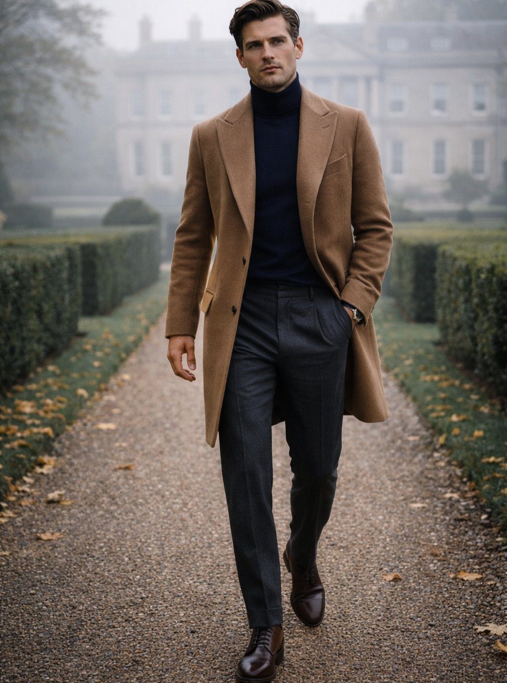 Man wearing a navy turtleneck sweater and camel overcoat walking on a gravel path.