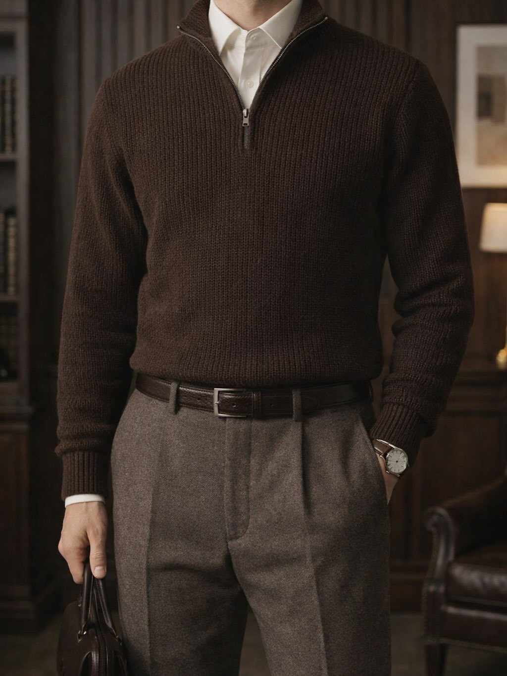 Man wearing a brown quarter-zip sweater and grey trousers in a wood-paneled room.