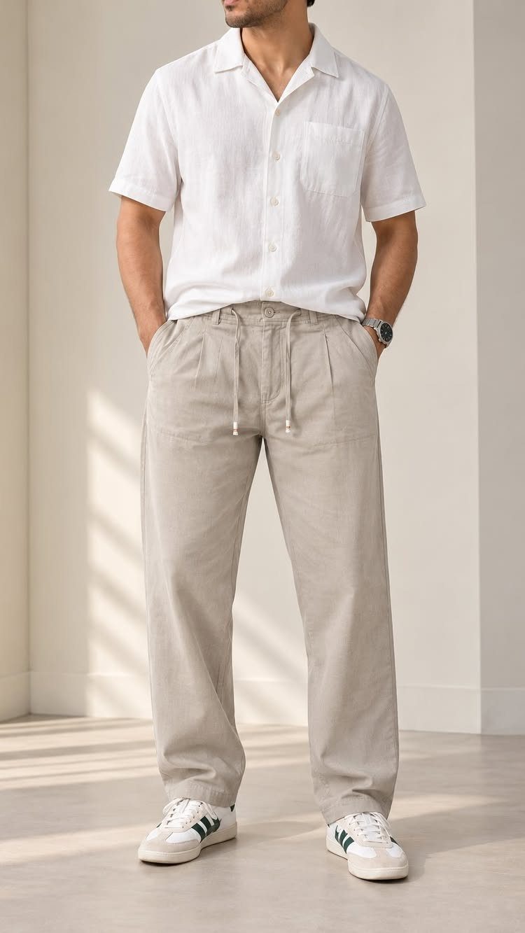 Man wearing light beige drawstring lightweight trousers and a white short-sleeved shirt.