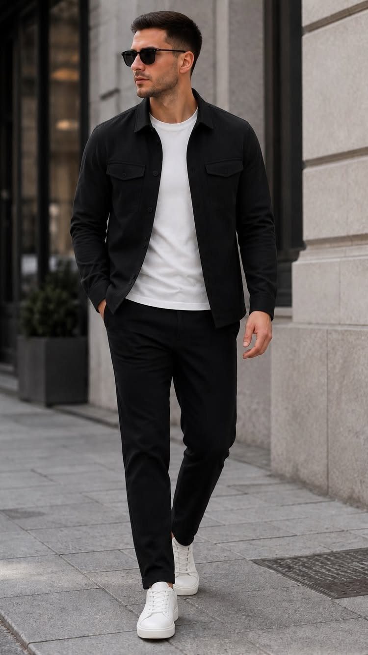 Casual Chic Dress Code Men: 16 Looks That Work in 2026 10 Man in black overshirt, white t-shirt, and black trousers walking on city street.