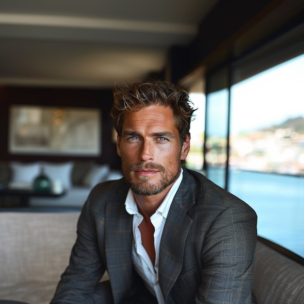 Casual Chic Dress Code Men: 16 Looks That Work in 2026 11 Man wearing a grey plaid blazer and white shirt in a modern setting.