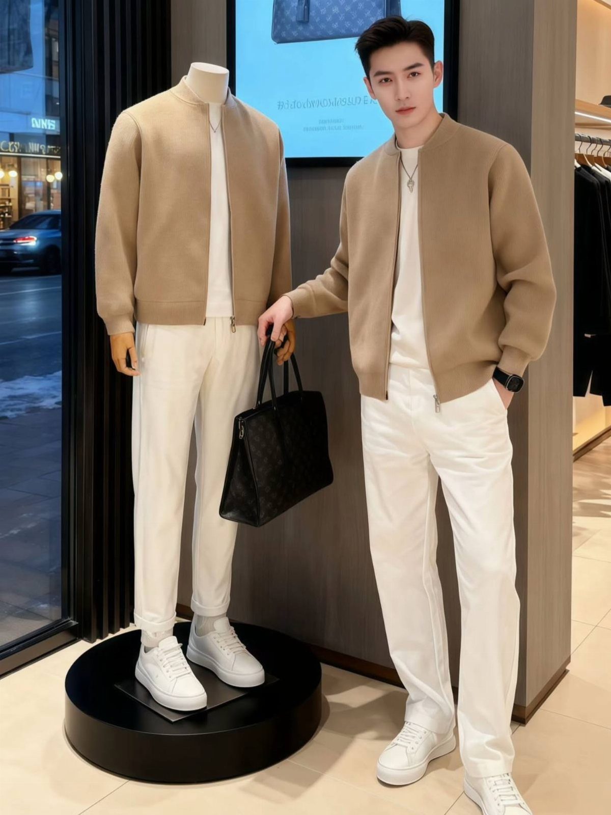 Casual Chic Dress Code Men: 16 Looks That Work in 2026 3 Man and mannequin wearing tan jackets over white shirts and white trousers.