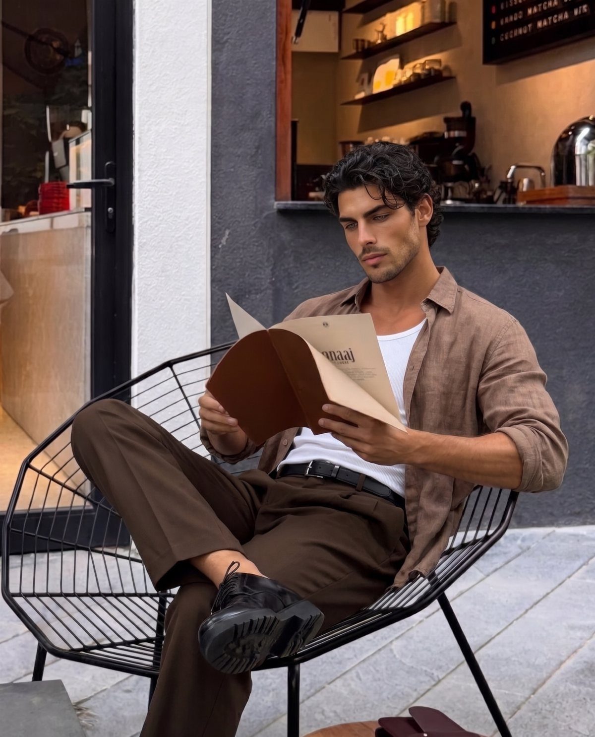 Casual Chic Dress Code Men: 16 Looks That Work in 2026 15 Man in brown shirt and trousers reading a menu while sitting outdoors.