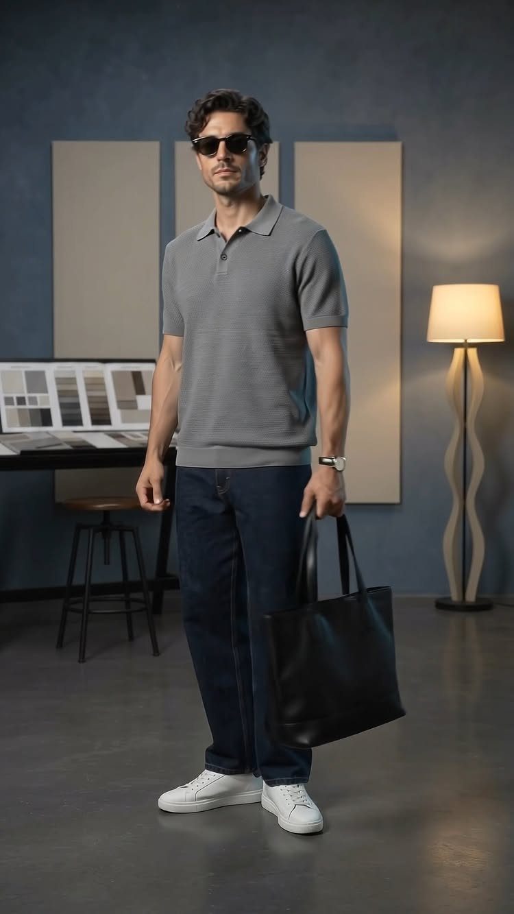 Casual Chic Dress Code Men: 16 Looks That Work in 2026 1 Man wearing a grey polo shirt, dark trousers, and white sneakers holding a black bag.