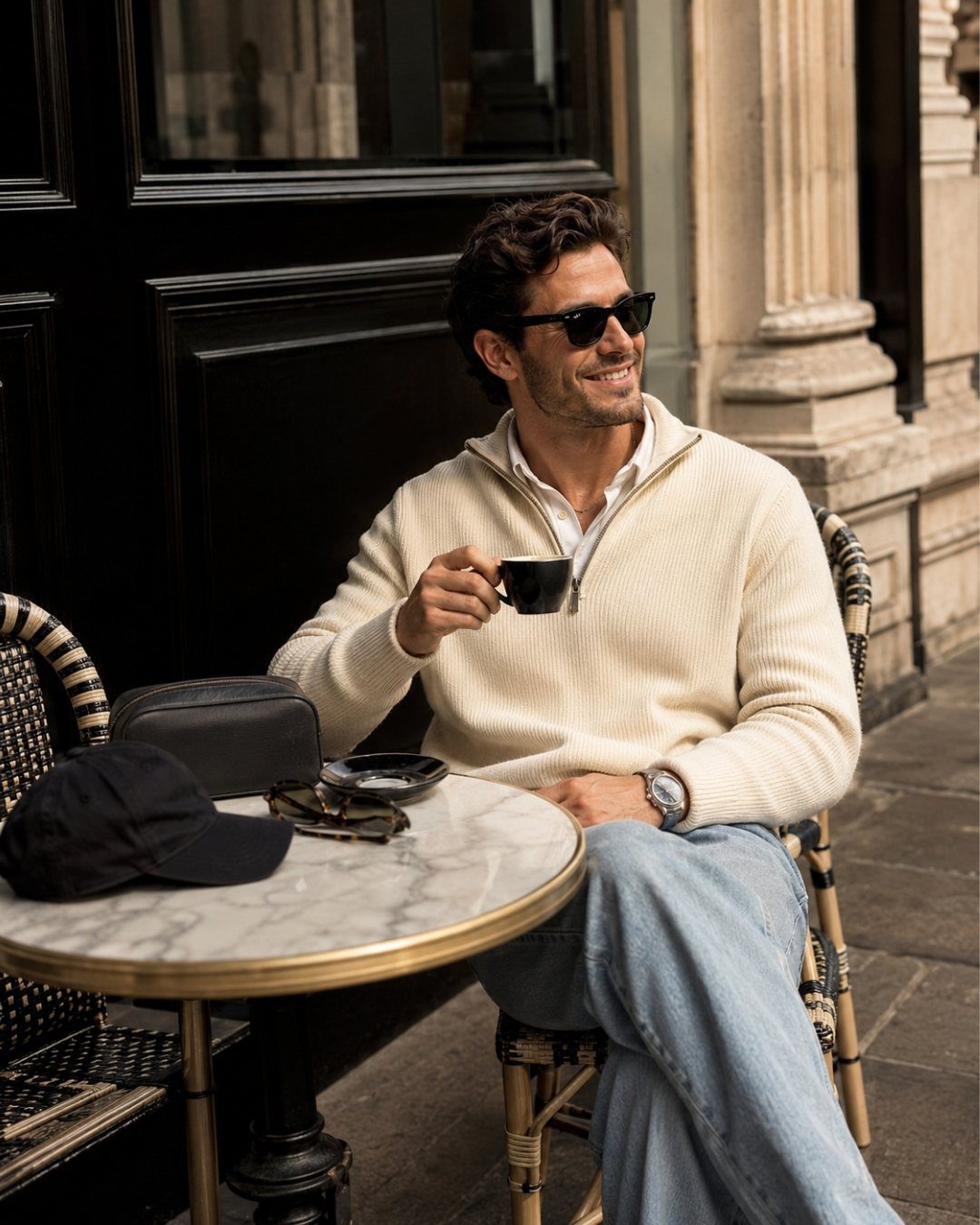 Casual Chic Dress Code Men: 16 Looks That Work in 2026 16 Man in cream quarter-zip sweater and light blue jeans sitting at a cafe table