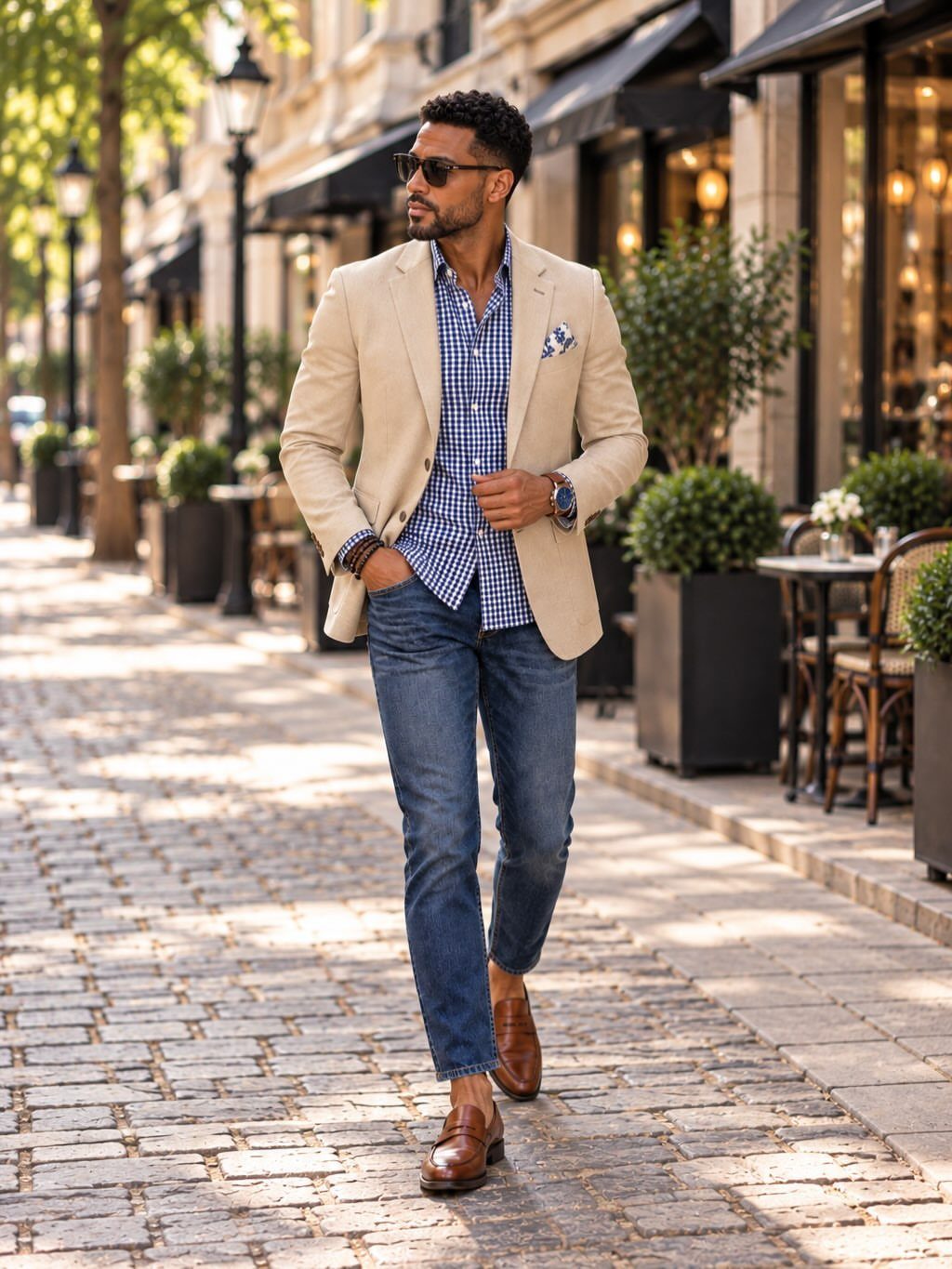 Casual Chic Dress Code Men: 16 Looks That Work in 2026 4 Man in beige blazer, checkered shirt, and blue jeans walking on cobblestone street.