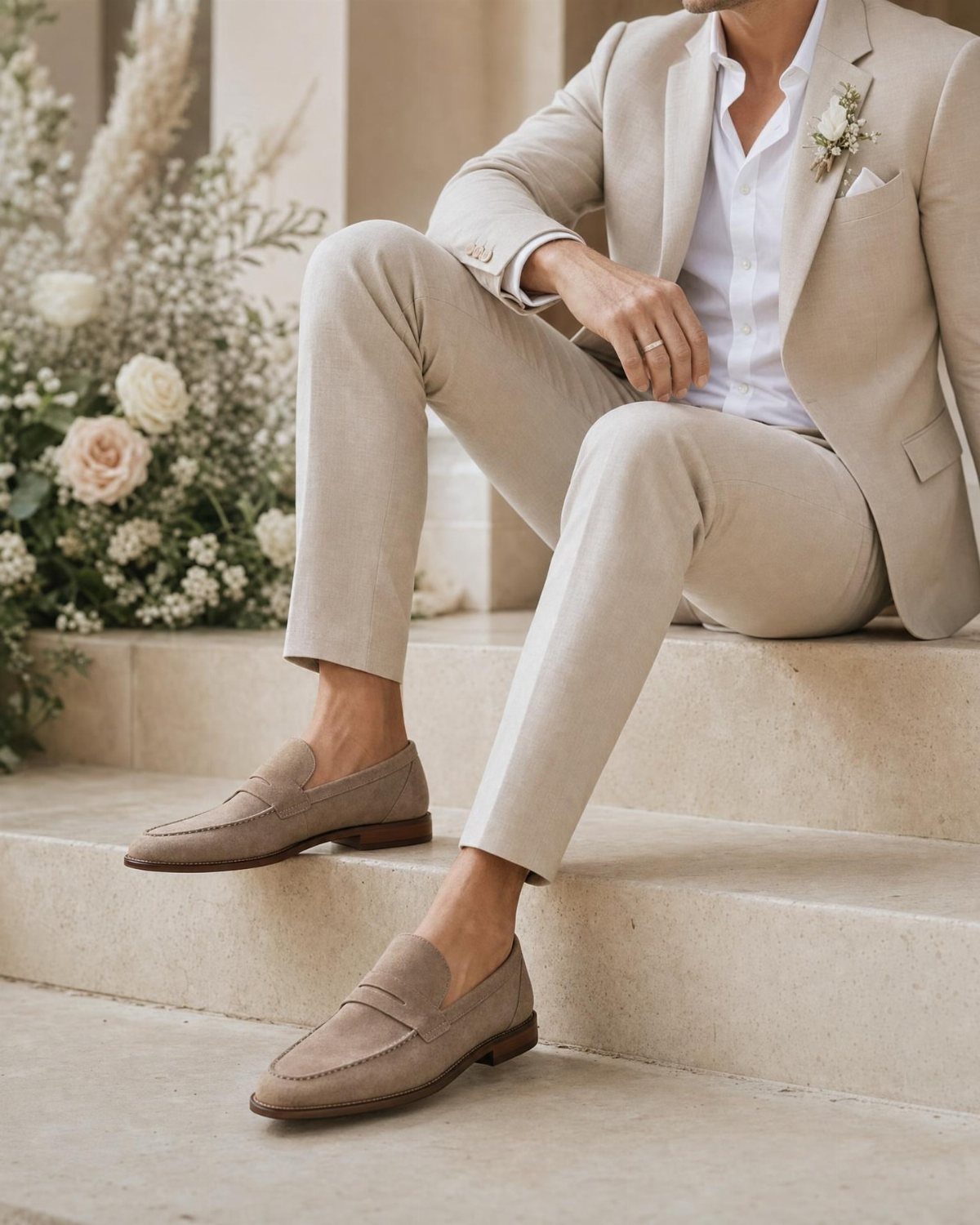 Man in a beige suit and brown suede loafers sitting on stone steps.