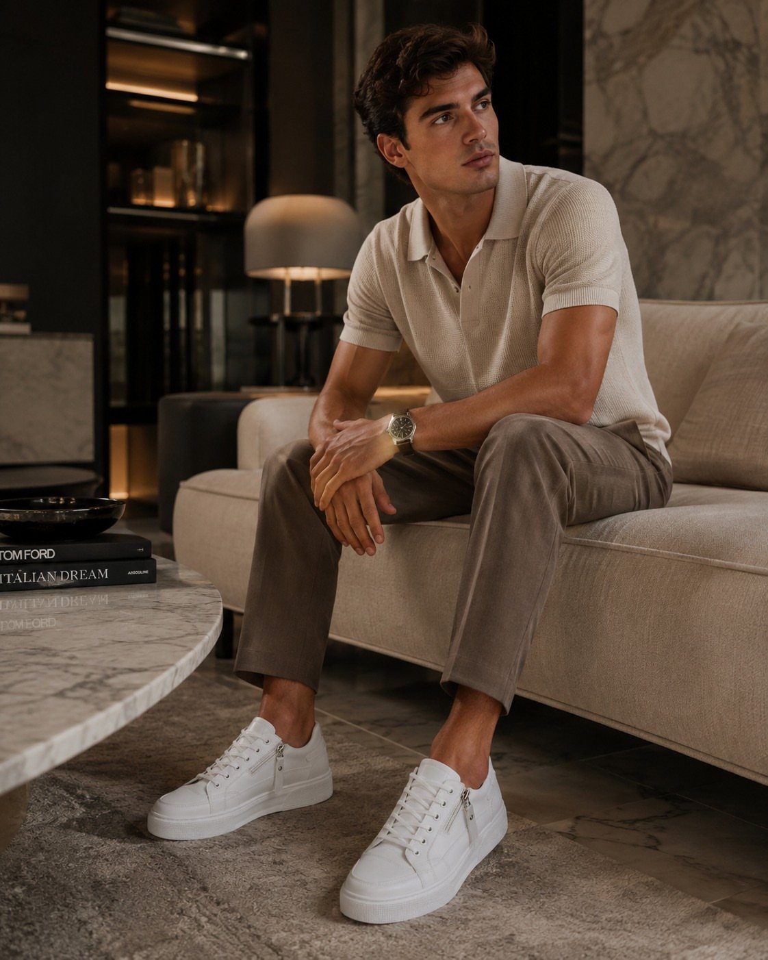 Man in beige polo and brown dress pants wearing white leather sneakers.