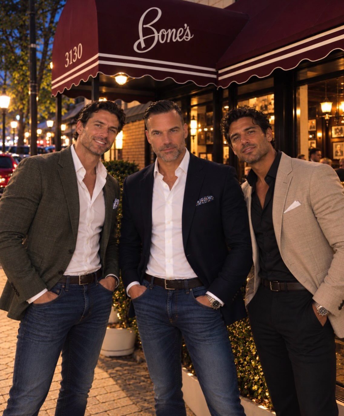 Three men wearing different colored blazers posing outside a restaurant at dusk.
