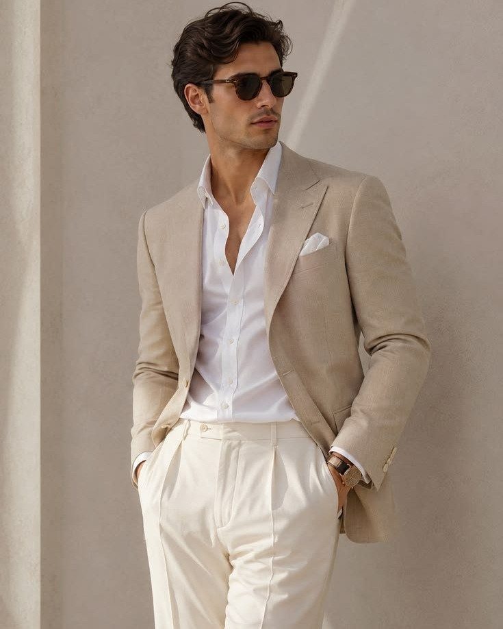 Man in a beige blazer, white shirt, and white trousers wearing dark sunglasses.