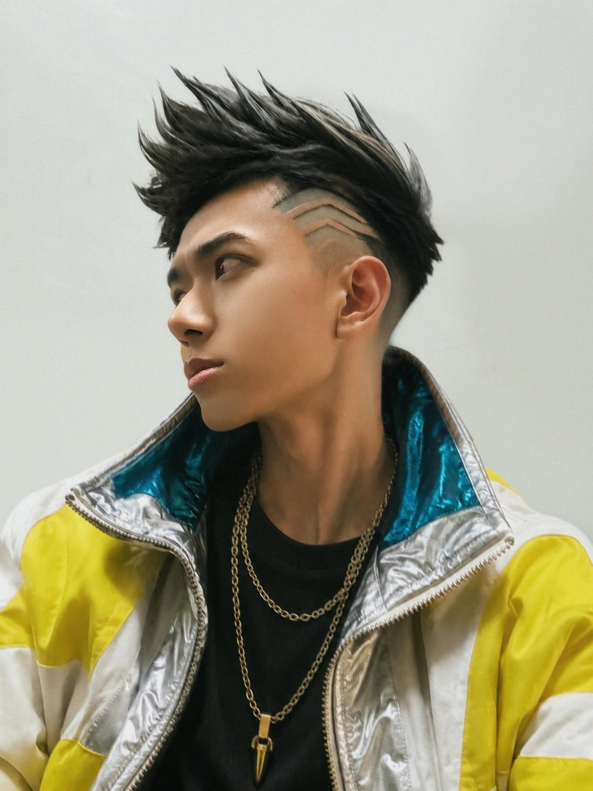 Young man with spiked hair wearing a metallic yellow and silver cyberpunk jacket.