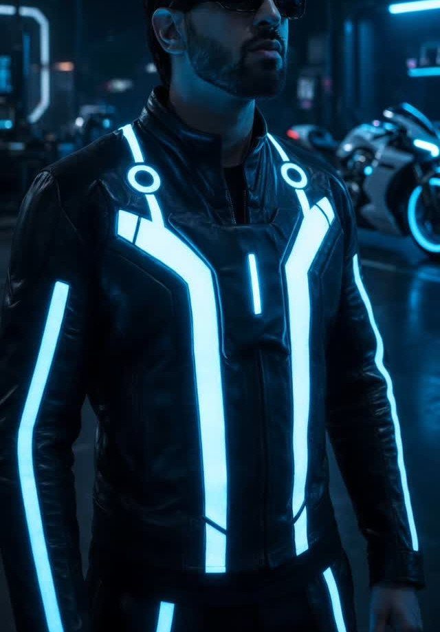 Man in black leather jacket with glowing blue neon light accents