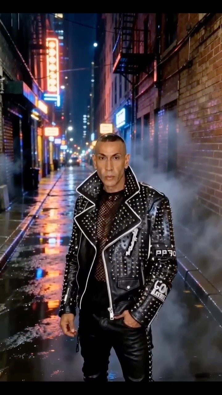 Man in studded leather jacket and mesh shirt standing in neon lit alley