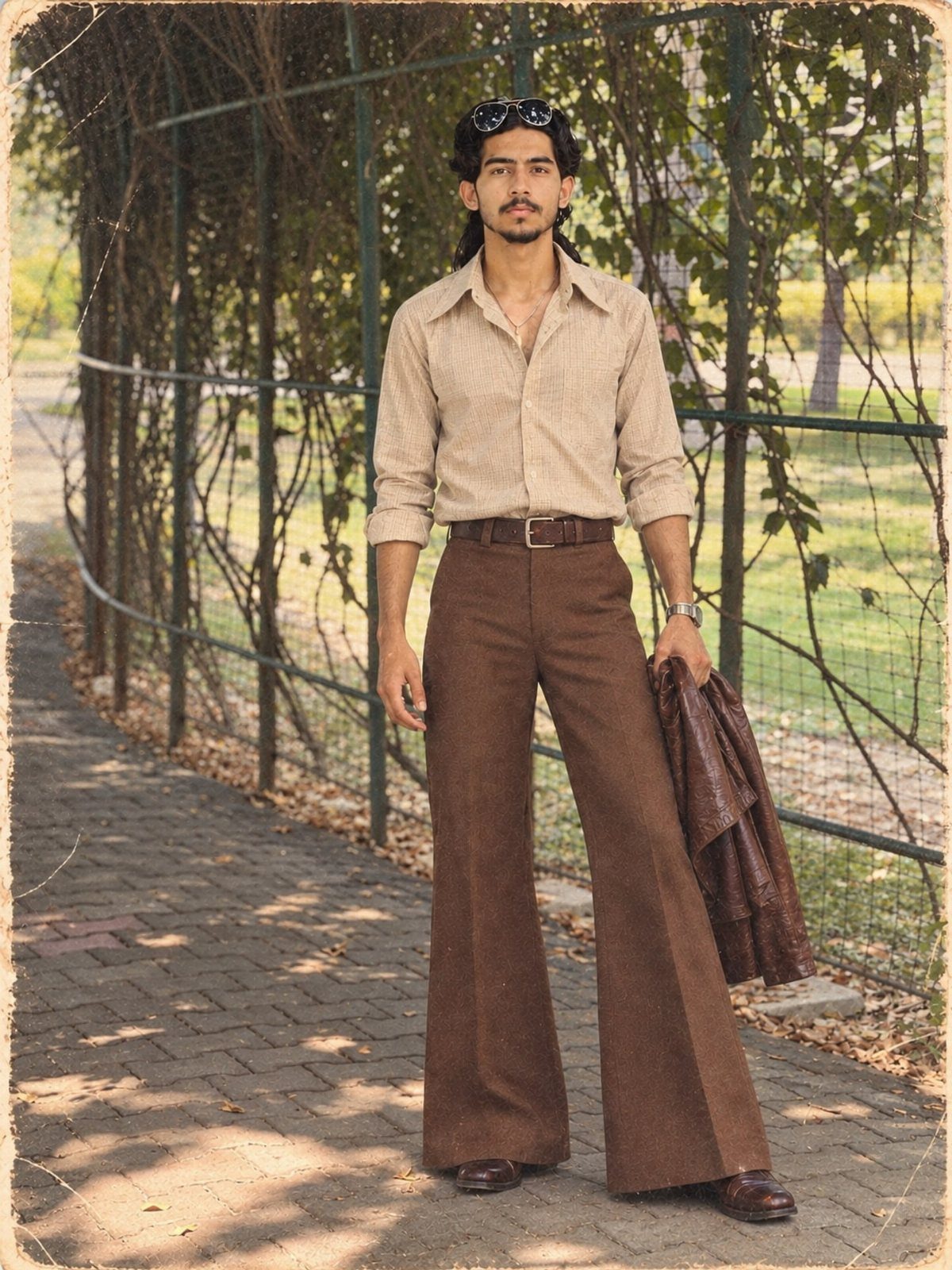 Man wearing brown bell-bottom trousers and a wide-collar shirt standing on a brick path.