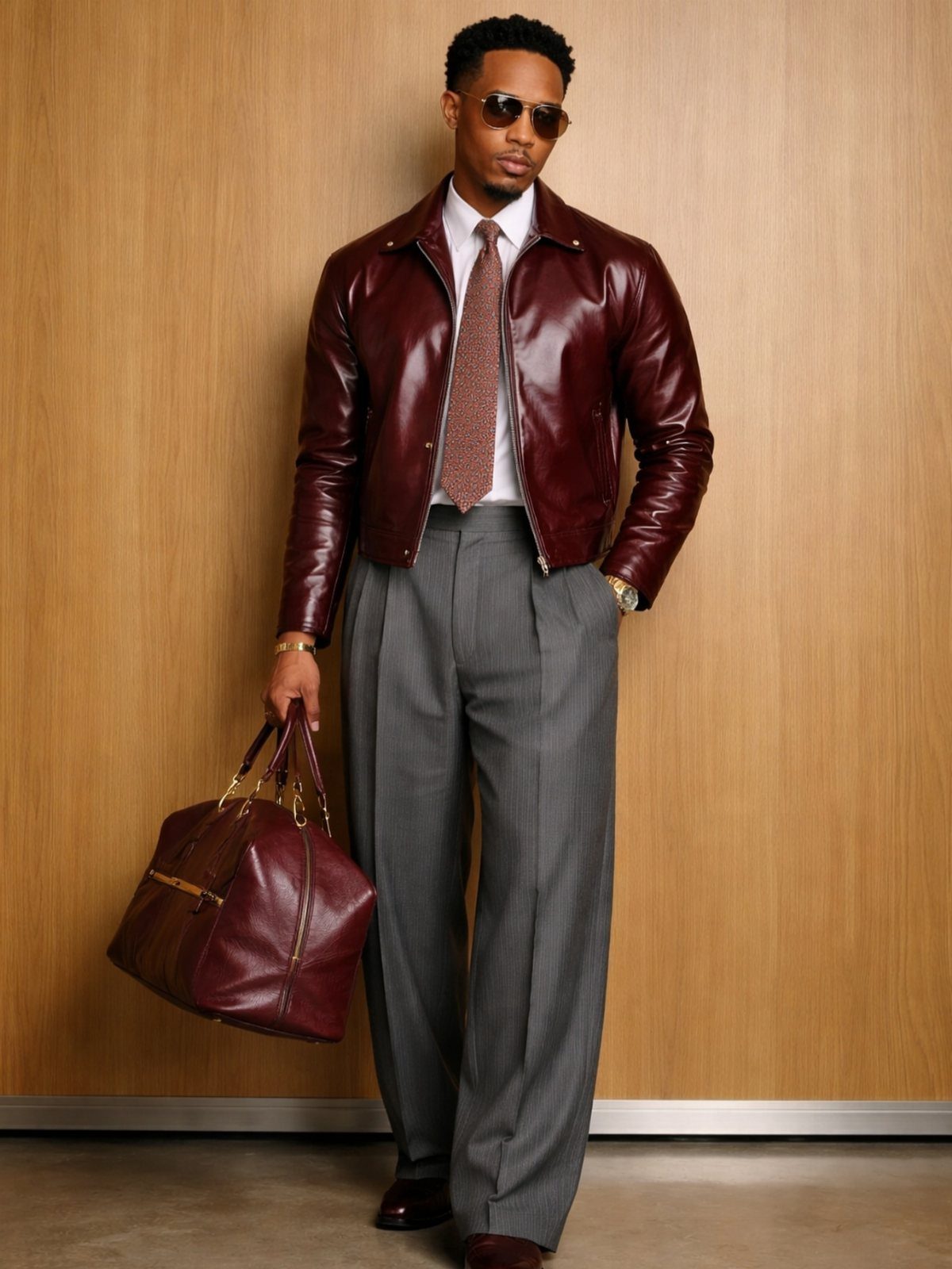 Man in burgundy leather jacket and grey wide-leg trousers holding a burgundy bag.