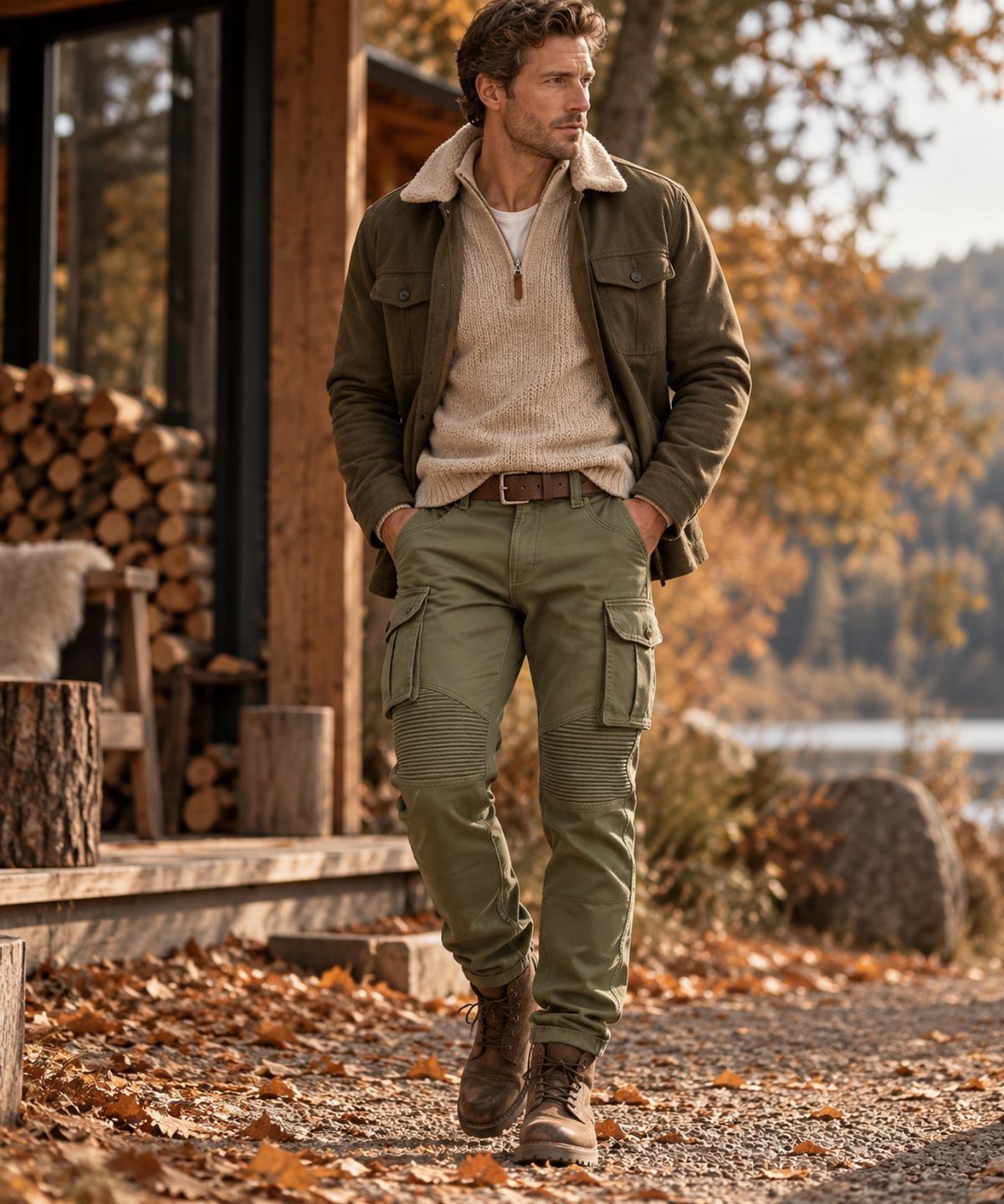 Man in olive cargo pants and brown boots in an autumn forest setting