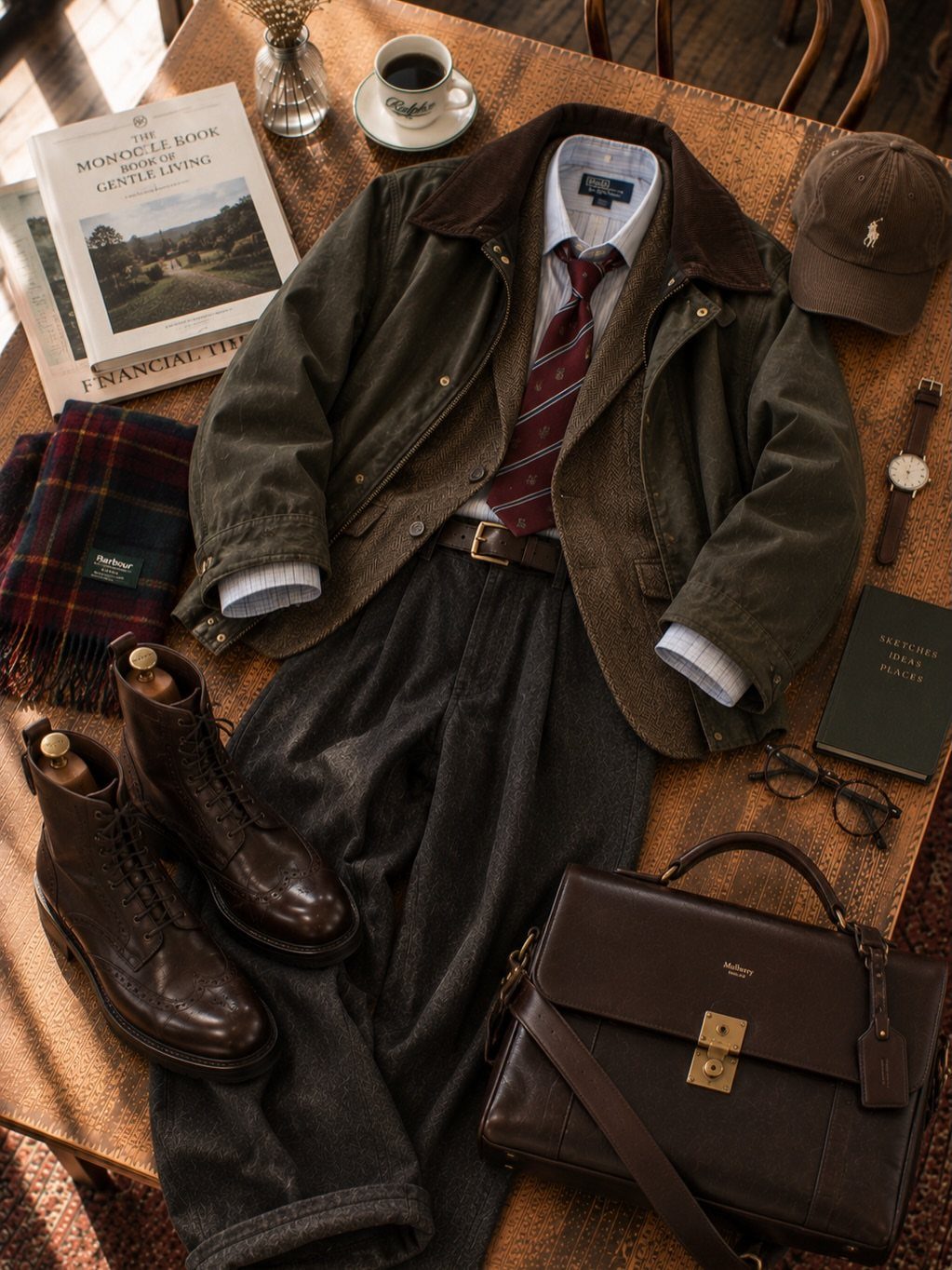 Men's autumn outfit flat lay with green jacket, grey trousers, and brown leather accessories.