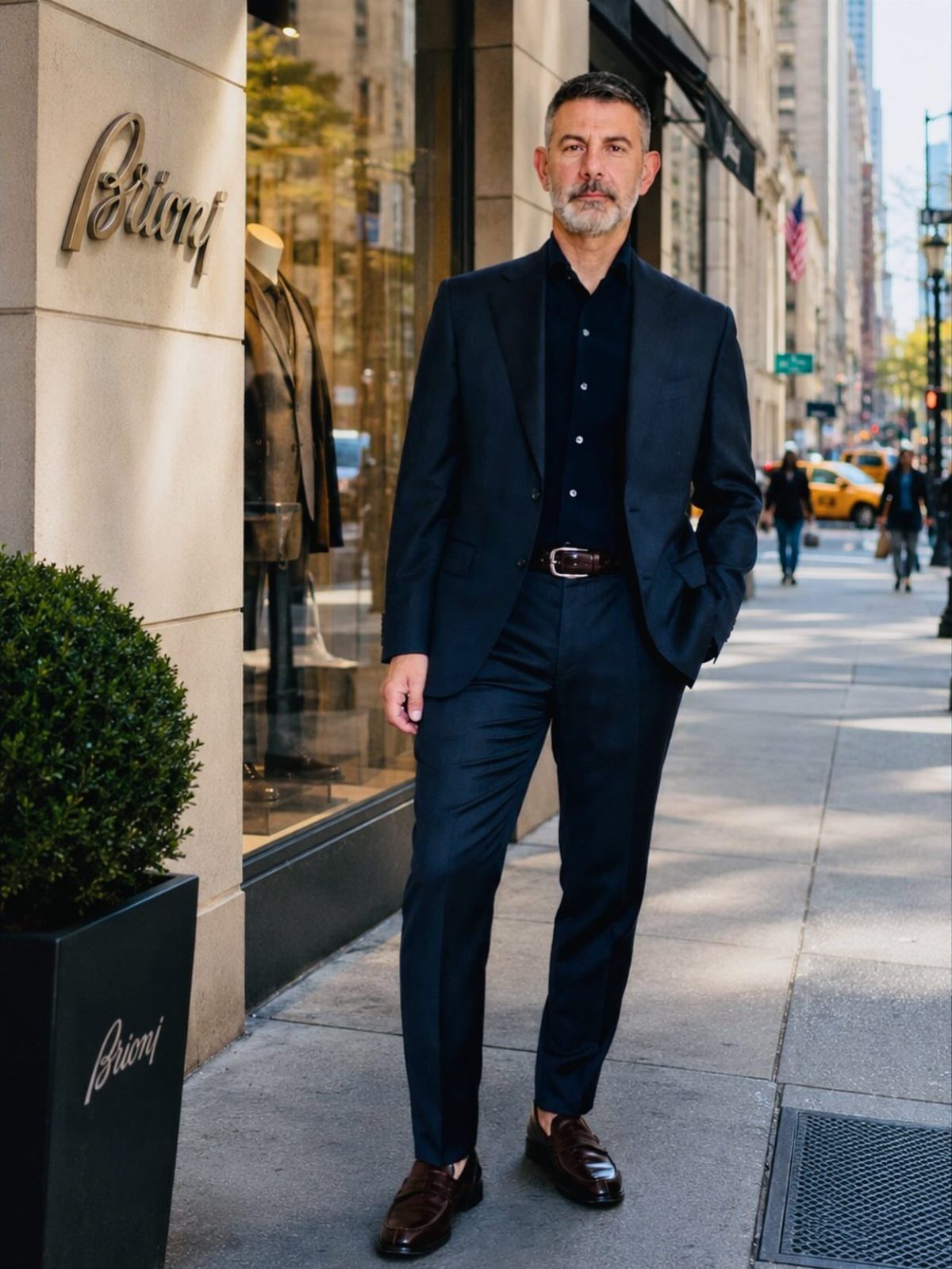 Man in a navy blue tailored suit standing outside a Brioni store in New York.