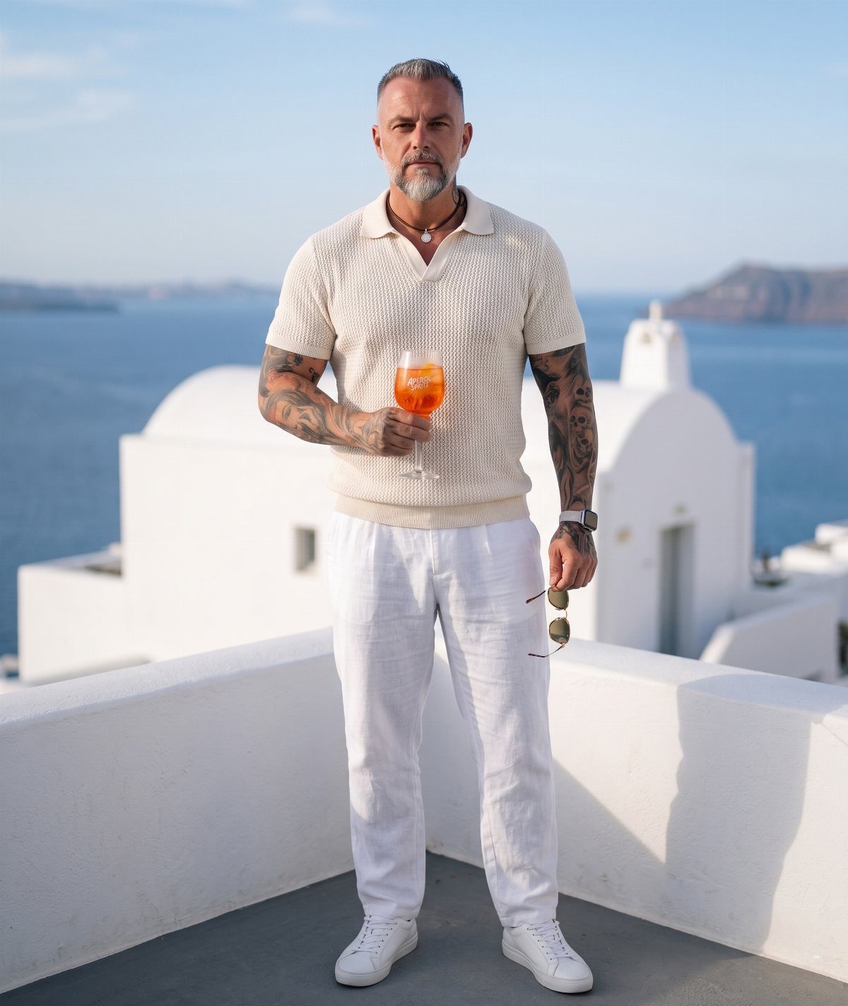 Man in beige knitted polo and white trousers standing against Santorini white buildings.