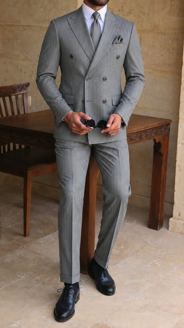 Man in a grey double-breasted pinstripe suit with black dress shoes and sunglasses.