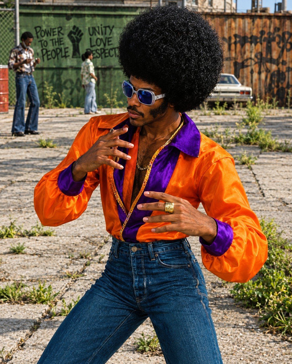10 Images of 70's Men's Fashion from Flares to Fur Coats 1 Man with afro wearing an orange and purple wide-collared shirt and blue jeans.