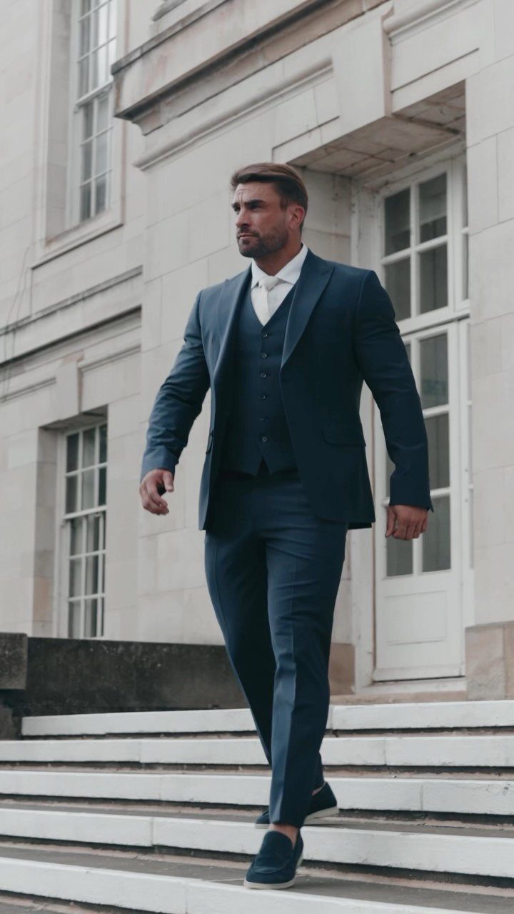 Man in a navy blue three-piece tailored suit walking down white stone steps.