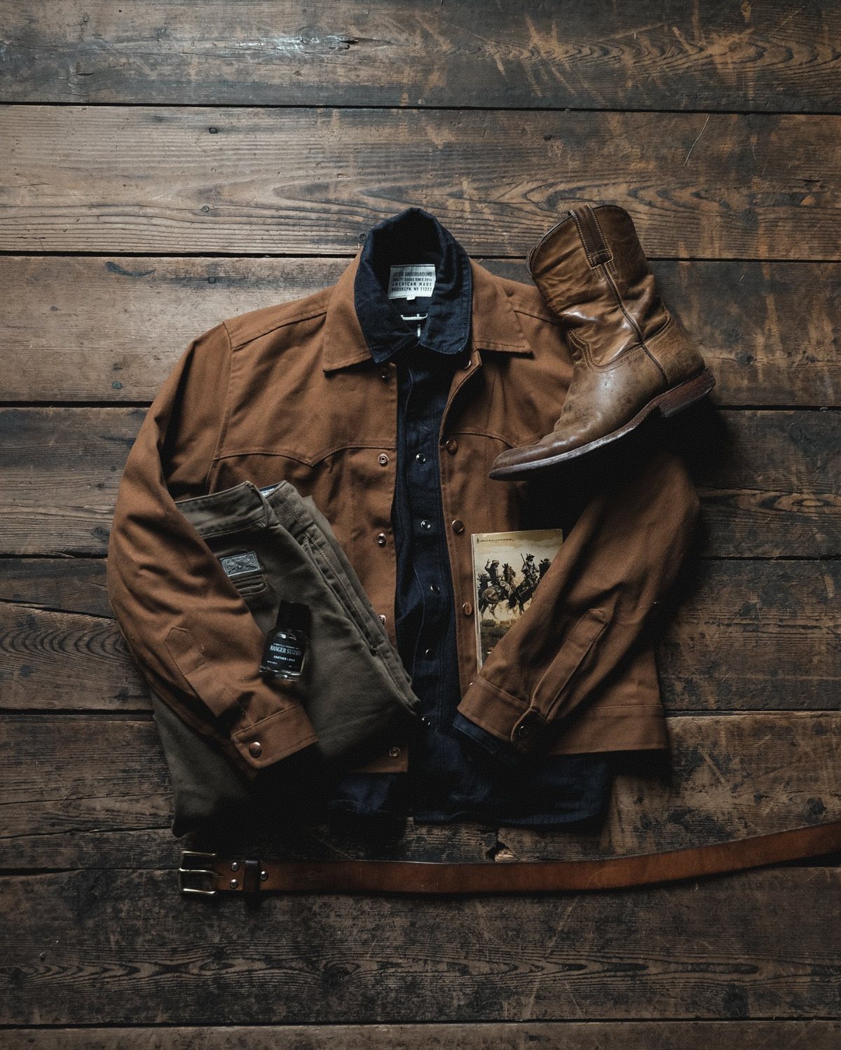 Brown canvas jacket, blue shirt, olive pants, and leather boot on wooden floor.
