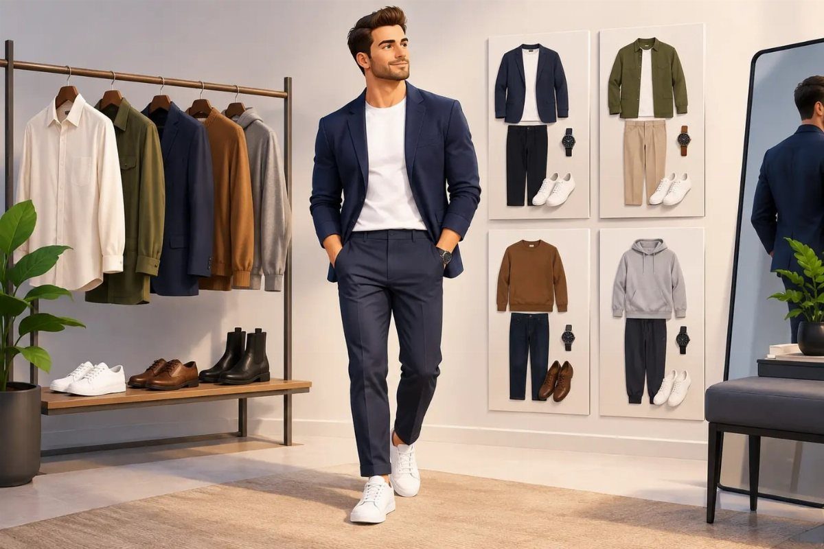 Man wearing a navy blue tailored blazer and trousers with white sneakers in store