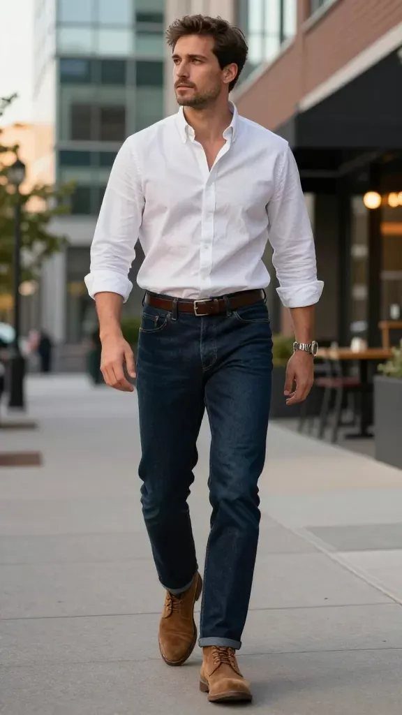 Man wearing a white button-down shirt, dark blue jeans, and brown suede boots.