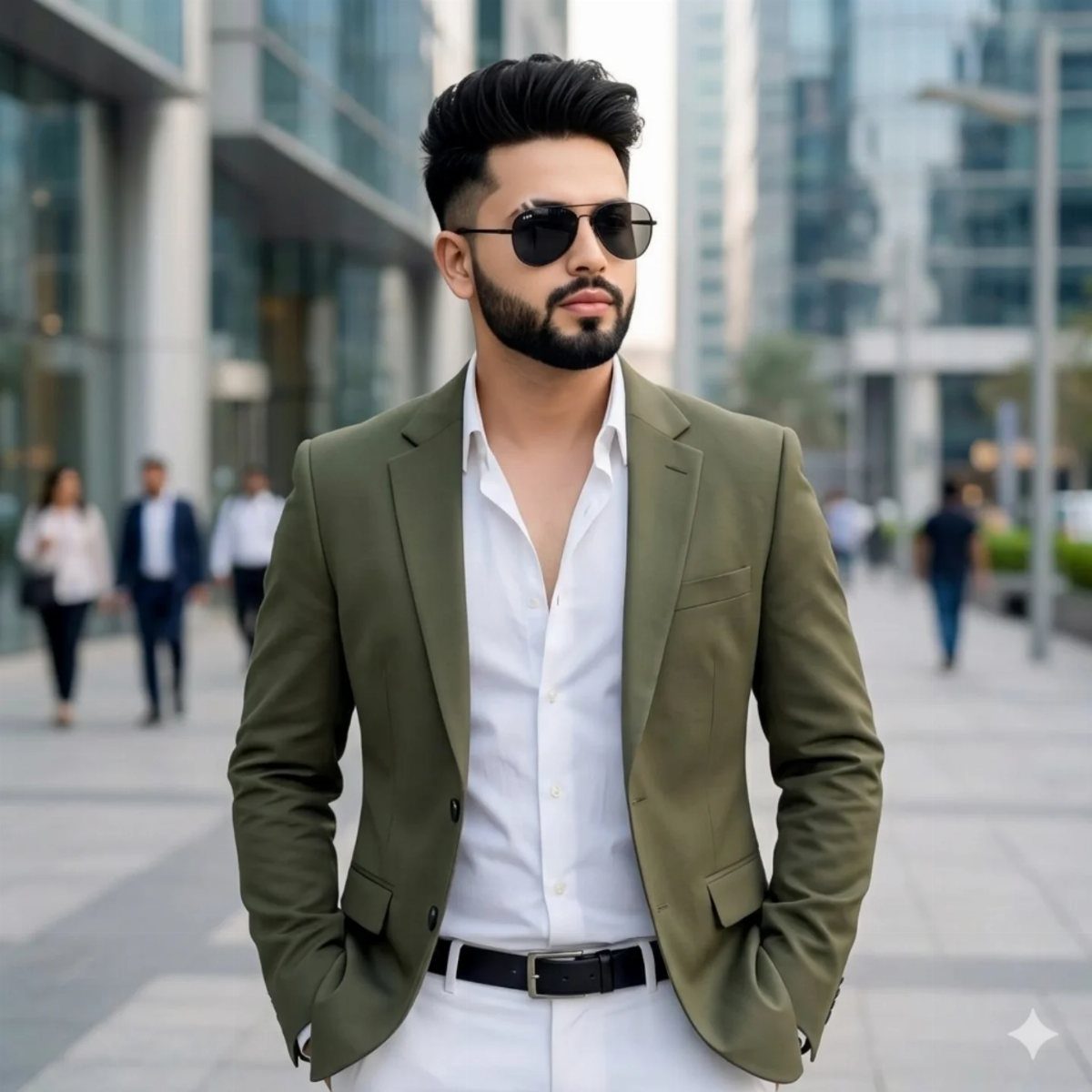 Man in olive green blazer and white shirt and trousers in city setting