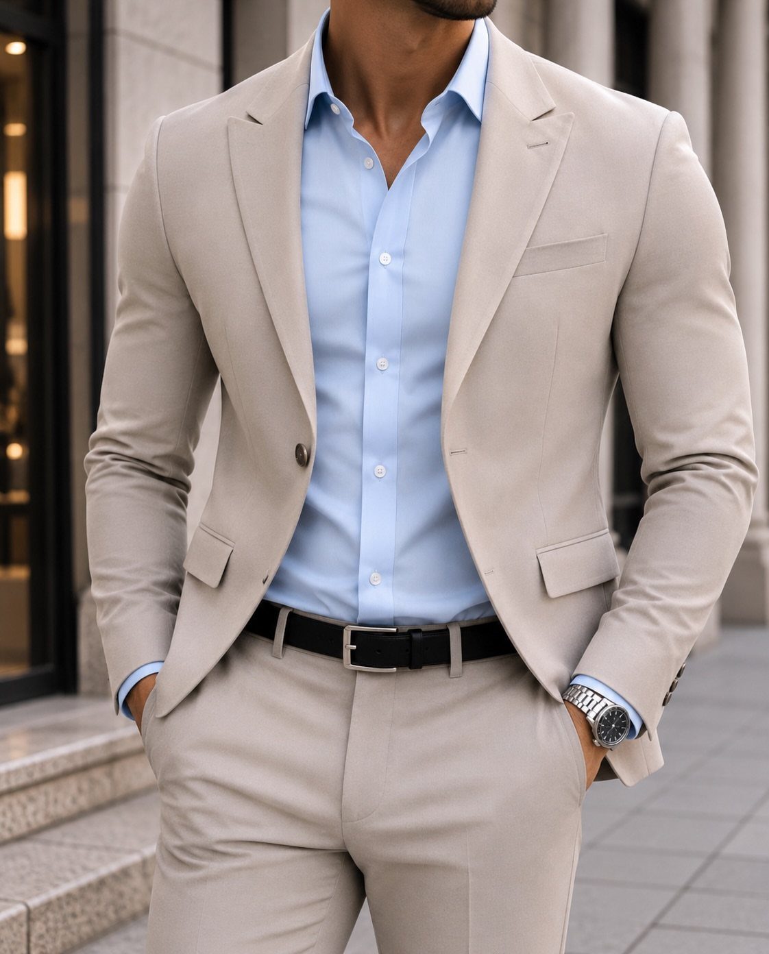 Man wearing a light blue dress shirt with a tan suit and black belt.