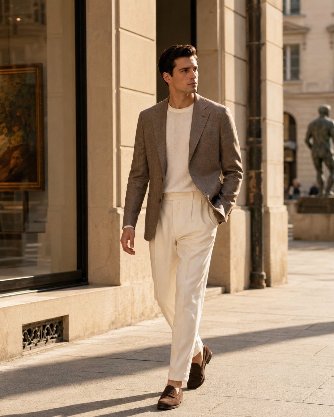Man wearing a brown blazer and white pleated trousers walking on a city street