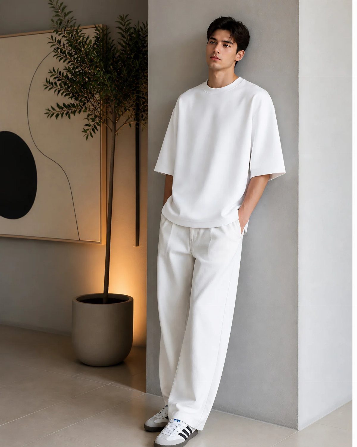Man in oversized white t-shirt and wide-leg white trousers leaning against a wall.