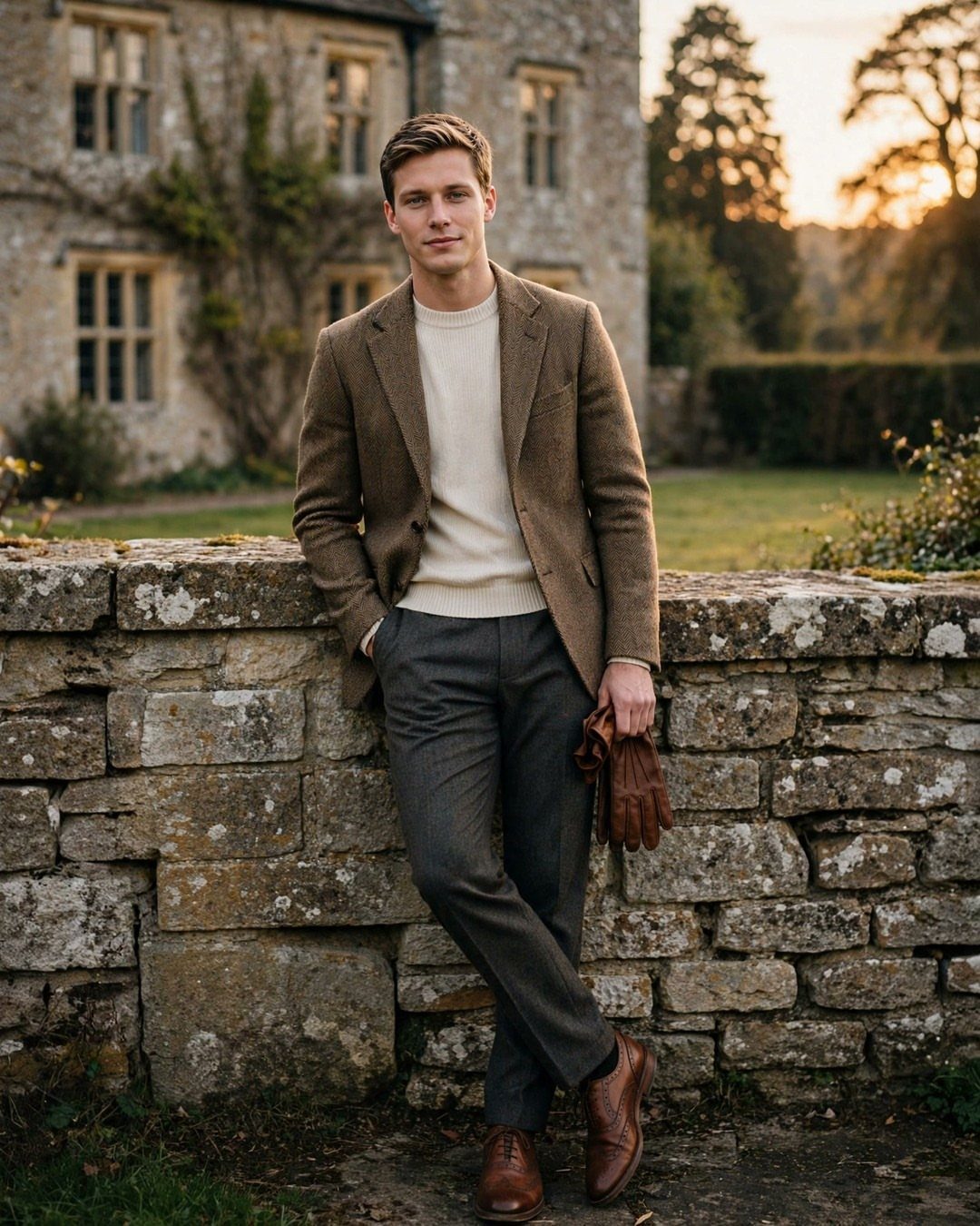 Man in brown blazer and cream sweater leaning against a rustic stone wall.
