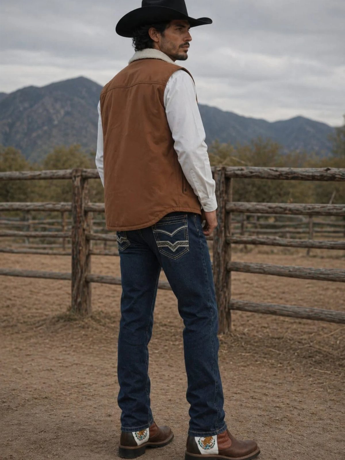 Man in cowboy hat, brown vest, and blue jeans standing by a wooden fence.