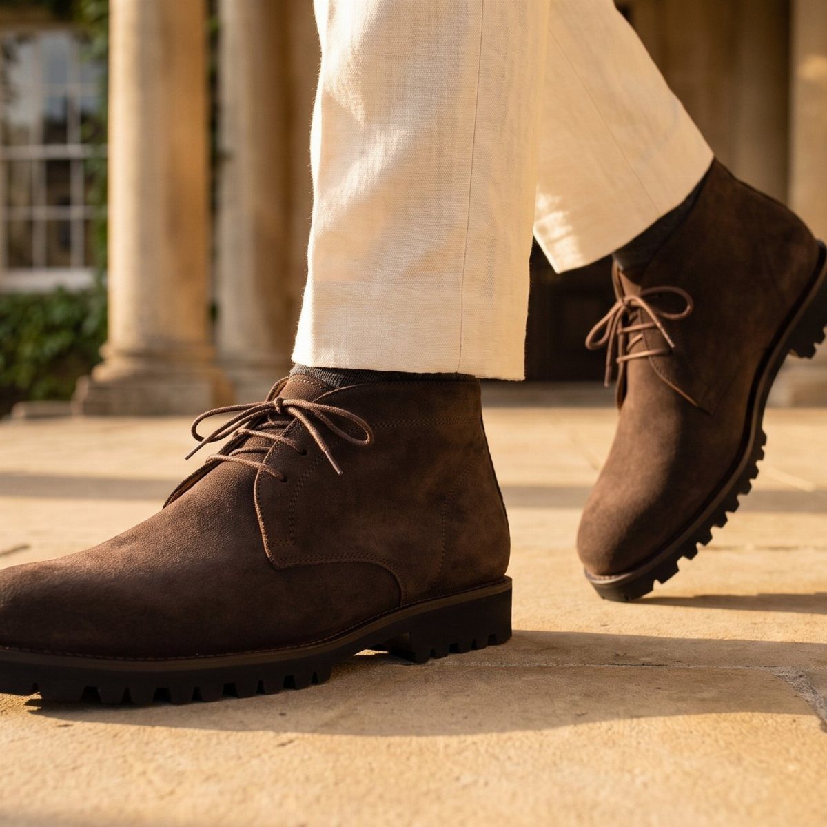 Dark brown suede chukka boots with lug soles and white linen trousers.