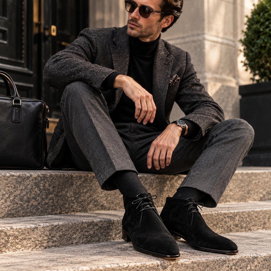 Man in a grey suit wearing black suede chukka boots sitting on stone steps.