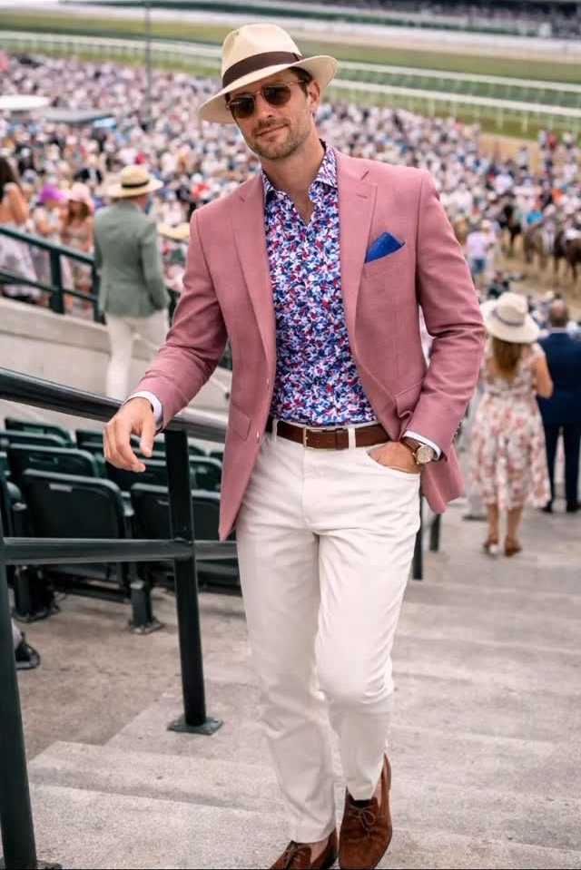 Man in pink blazer and straw hat at a horse racing event