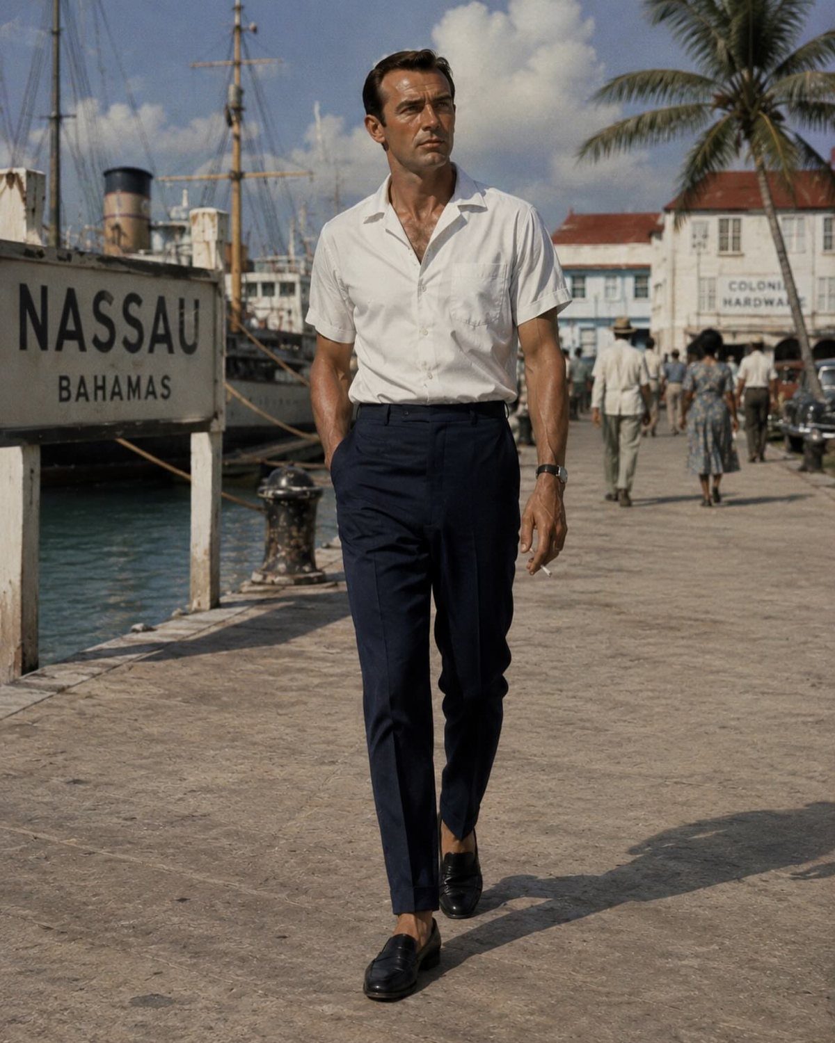 Man in 1960s style white short-sleeved shirt and navy trousers walking on a pier.